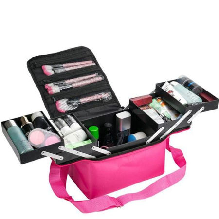 Portfarduri si genti cosmetice - Trusă profesională de cosmetice roz cu sertare extensibile și compartimente – organizator make-up