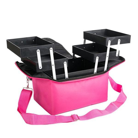Trusă profesională de cosmetice roz cu sertare extensibile și compartimente – organizator make-up [2]
