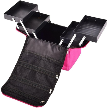 Trusă profesională de cosmetice roz cu sertare extensibile și compartimente – organizator make-up [6]