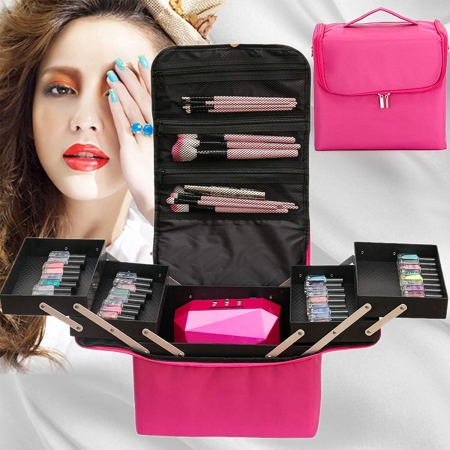 Trusă profesională de cosmetice roz cu sertare extensibile și compartimente – organizator make-up [5]