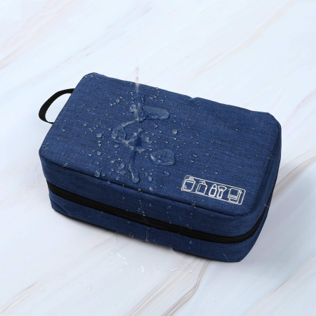 Geanta textila de voiaj pentru articole cosmetice, Tecos, 3 compartimente, dimensiuni 24* 13* 7.5 centimetri, cu agatatoare, albastru [1]