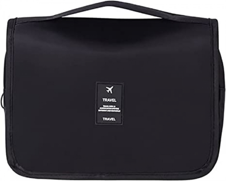 Portfarduri si genti cosmetice - Geanta textila de voiaj pentru cosmetice, Tecos, 3 compartimente, dimensiuni 23* 18.5* 8.5 centimetri, cu agățătoare, negru
