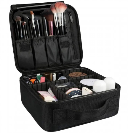 Portfarduri si genti cosmetice - Geanta textila de voiaj pentru cosmetice, Tecos, dimensiuni 25, 5x 23x 9 cm, fermoar dublu, multiple compartimente, negru