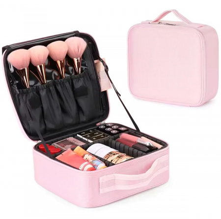 Portfarduri si genti cosmetice - Geanta textila de voiaj pentru cosmetice, Tecos, dimensiuni 25, 5x 23x 9 cm, fermoar dublu, multiple compartimente, roz