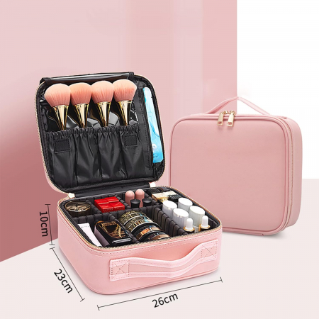 Geanta textila de voiaj pentru cosmetice, Tecos, dimensiuni 25, 5x 23x 9 cm, fermoar dublu, multiple compartimente, roz [3]