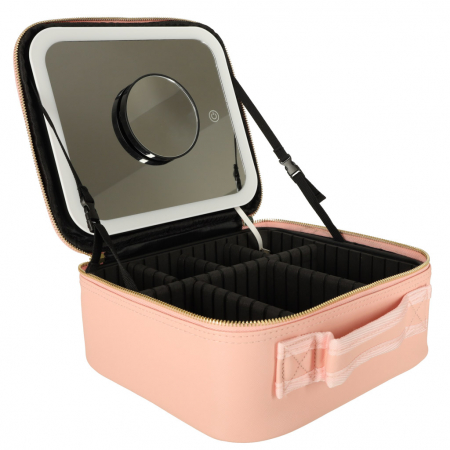 Portfarduri si genti cosmetice - Geanta textila de voiaj pentru cosmetice, Tecos, dimensiuni 26x23x11 cm, oglinda pentru make-up iluminata cu tehnologie LED si o extra-oglinda pentru detalii mici, fermoar dublu, multiple compartiment