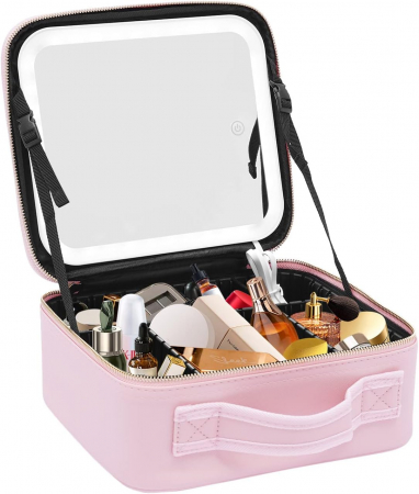 Geanta textila de voiaj pentru cosmetice, Tecos, dimensiuni 26x23x11 cm, oglinda pentru make-up iluminata cu tehnologie LED si o extra-oglinda pentru detalii mici, fermoar dublu, multiple compartiment [5]