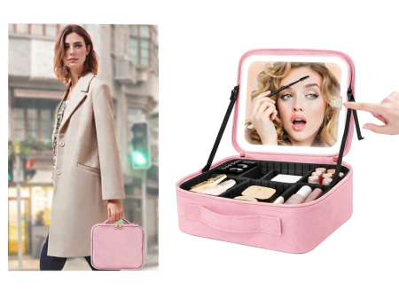 Geanta textila de voiaj pentru cosmetice, Tecos, dimensiuni 26x23x11 cm, oglinda pentru make-up iluminata cu tehnologie LED, fermoar dublu, multiple compartimente, negru [7]