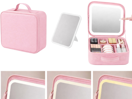 Geanta textila de voiaj pentru cosmetice, Tecos, dimensiuni 26x23x11 cm, oglinda pentru make-up iluminata cu tehnologie LED, fermoar dublu, multiple compartimente, negru [10]