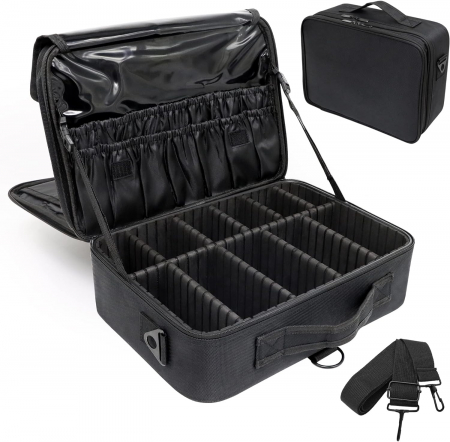 Geanta textila de voiaj pentru cosmetice, Tecos, dimensiuni 40x 29x 13 cm, fermoar dublu, multiple compartimente, negru [1]