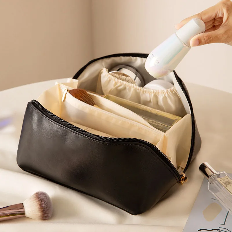 Geanta textila de voiaj unisex pentru depozitare si transport articole cosmetice, Tecos®, dimensiuni 23.5* 11* 10.5 centimetri, cu maner, negru [3]