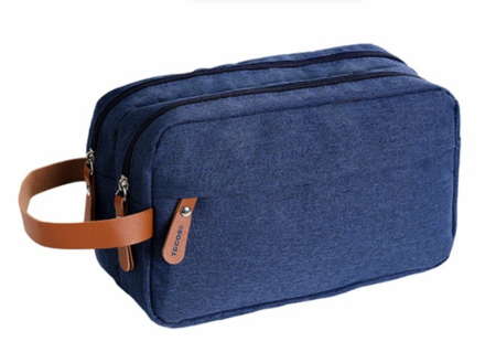 Organizatoare bagaje - Geanta textila de voiaj unisex pentru depozitare si transport articole cosmetice, Tecos®, dimensiuni 25* 10* 15 centimetri, cu agatatoare, albastru