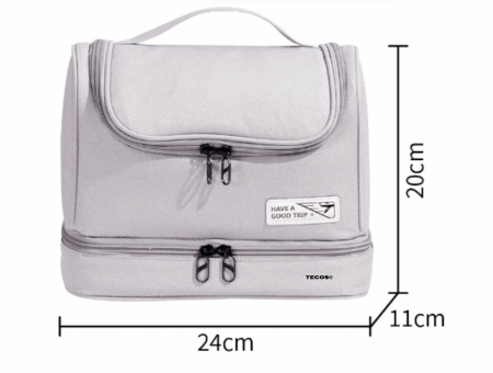Geanta textila de voiaj unisex pentru depozitare si transport articole cosmetice, Tecos®, dimensiuni 25* 11* 20 centimetri, cu agatatoare, gri [2]