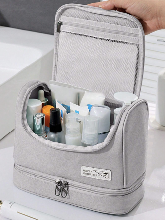 Geanta textila de voiaj unisex pentru depozitare si transport articole cosmetice, Tecos®, dimensiuni 25* 11* 20 centimetri, cu agatatoare, gri [5]