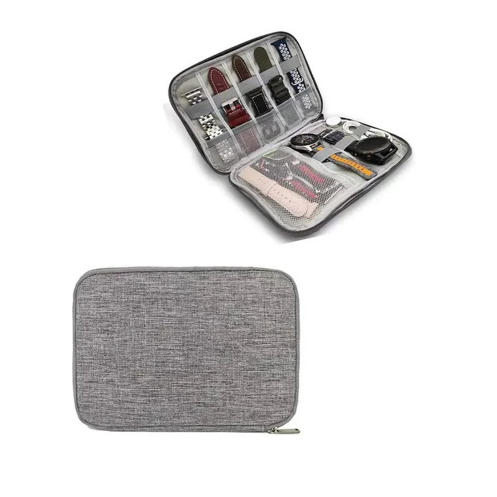 Organizatoare bagaje - Geanta textila pentru depozitarea cablurilor, castilor, accesoriilor electronice, Tecos®, inchidere cu fermoar, curele elastice, impermeabil, 21x16, gri deschis