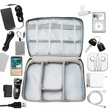 Geanta textila pentru depozitarea cablurilor, castilor, accesoriilor electronice, Tecos®, inchidere cu fermoar, curele elastice si pereti interiori cu arici, impermeabil, 24, 5x18x10cm, gri [4]