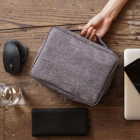 Geanta textila pentru depozitarea cablurilor, castilor, accesoriilor electronice, Tecos®, inchidere cu fermoar, curele elastice si pereti interiori cu arici, impermeabil, 24, 5x18x10cm, gri [6]