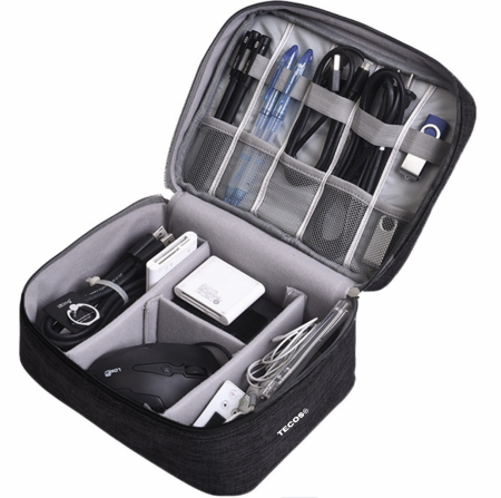 Geanta textila pentru depozitarea cablurilor, castilor, accesoriilor electronice, Tecos®, inchidere cu fermoar, curele elastice si pereti interiori cu arici, impermeabil, 24, 5x18x10cm, negru [5]