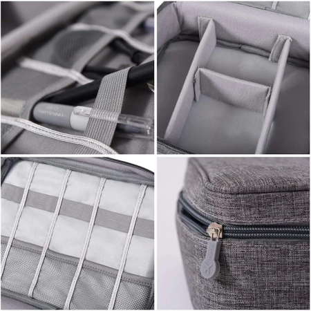 Geanta textila pentru depozitarea cablurilor, castilor, accesoriilor electronice, Tecos®, inchidere cu fermoar, curele elastice si pereti interiori cu arici, impermeabil, 24, 5x18x10cm, gri [5]