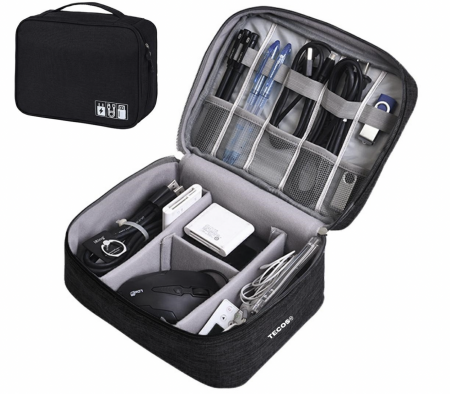 Organizatoare bagaje - Geanta textila pentru depozitarea cablurilor, castilor, accesoriilor electronice, Tecos®, inchidere cu fermoar, curele elastice si pereti interiori cu arici, impermeabil, 24, 5x18x10cm, negru