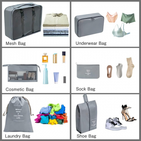 Organizator pentru bagaje format din 8 piese, dimensiuni diferite, perfect pentru troller sau valiza, gri [2]