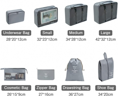 Organizator pentru bagaje format din 8 piese, dimensiuni diferite, perfect pentru troller sau valiza, gri [1]