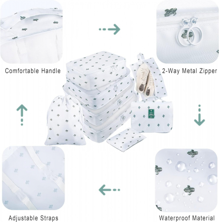 Organizator pentru bagaje format din 8 piese, dimensiuni diferite, perfect pentru troller sau valiza, alb [5]