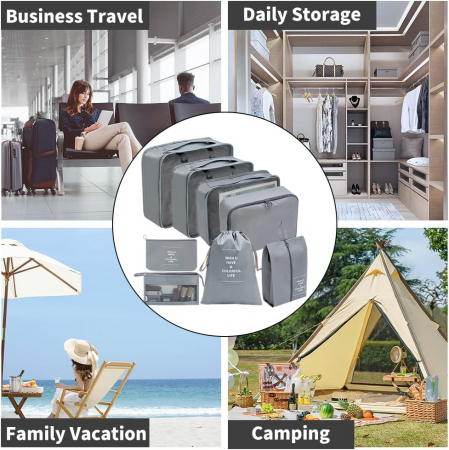 Organizator pentru bagaje format din 8 piese, dimensiuni diferite, perfect pentru troller sau valiza, gri [6]