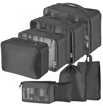 Organizatoare bagaje - Organizator pentru bagaje format din 8 piese, dimensiuni diferite, perfect pentru troller sau valiza, negru