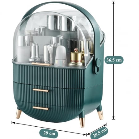 Organizator portabil pentru cosmetice, bijuterii si produse de machiaj, Tecos, spatiu depozitare cu 2 sertare si vitrina, multifunctional, ideal pentru activitati profesionale si calatorii, verde [3]