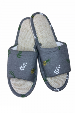 Papuci casa - Papuci casa decupati pentru dama, gri, marime 40-41,material textil, imprimeu ananas