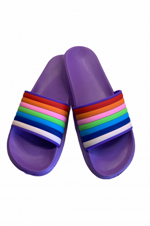 Papuci plaja - Papuci dama din PVC, mov, marime 41, imprimeu bareta curcubeu