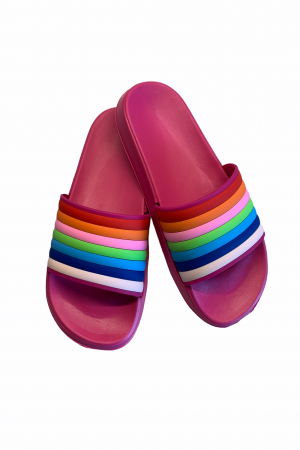 LICHIDARE DE STOC - Papuci dama din PVC, roz, marime 36, imprimeu bareta curcubeu