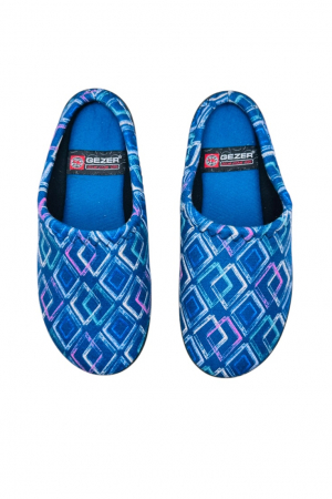 Papuci de casa pentru dama, albaștri cu model geometric, mărime 37, 23 centimetri, model cu călcâi, talpa comoda [2]