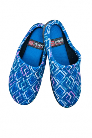 Papuci de casa pentru dama, albaștri cu model geometric, mărime 37, 23 centimetri, model cu călcâi, talpa comoda [0]