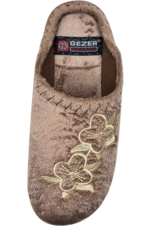 Papuci de casă damă maro cu model floral brodat, talpă moale și interior călduros [4]