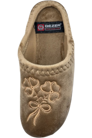 Papuci de casă damă maro cu model floral și funda brodat, talpă moale și interior călduros [4]