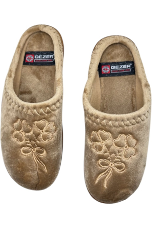 Papuci de casă damă maro cu model floral și funda brodat, talpă moale și interior călduros [5]