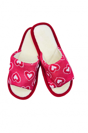 Papuci casa - Papuci de casa pentru dama, Tecos®, rosu, marime 36-37, 25 centimetri, talpa foarte confortabila, imprimeu inimioare, greutate redusa