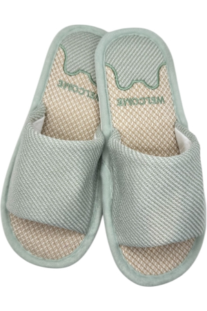 Papuci casa dama - Papuci de casă damă Tecos verde imprimeu Welcome – confort și căldură