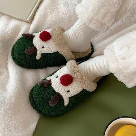 Papuci de casa pentru dama, verde cu imprimeu reni, marime 38-39, 26 centimetri [10]