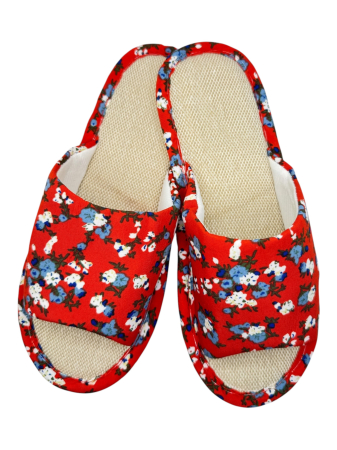 Papuci casa - Papuci de casă pentru femei Tecos® roșii cu model floral și talpă respirabilă – mărimi 36-41