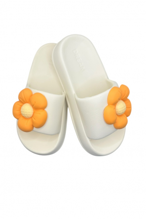 Papuci plaja - Papuci de dama, Tecos®, marime 35-36, alb cu imprimeu 3D floare, foarte usori, talpa anti-alunecare, 23 centimetri