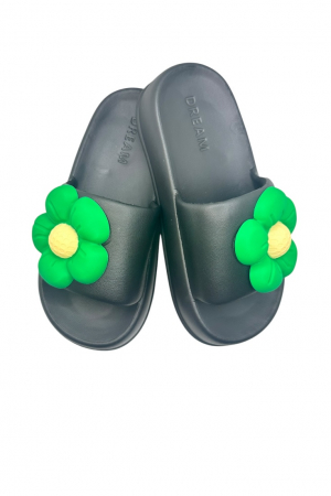 Papuci plaja dama - Papuci de dama, Tecos®, marime 35-36, negru cu imprimeu 3D floare, foarte usori, talpa anti-alunecare, 23 centimetri
