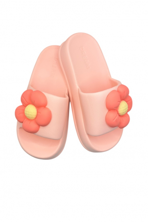 Papuci plaja dama - Papuci de dama, Tecos®, marime 35-36, roz cu imprimeu 3D floare, foarte usori, talpa anti-alunecare, 23 centimetri