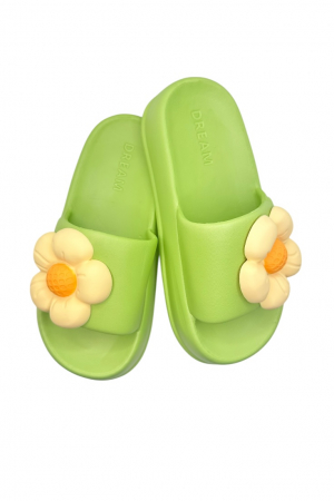 Papuci plaja dama - Papuci de dama, Tecos®, marime 35-36, verde cu imprimeu 3D floare, foarte usori, talpa anti-alunecare, 23 centimetri