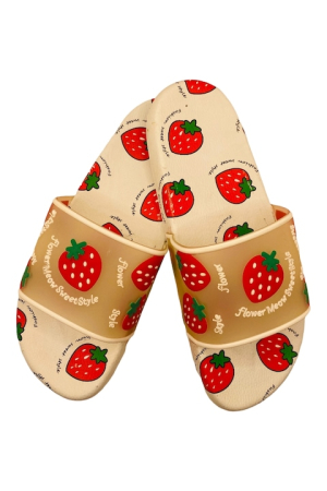 Papuci plaja dama - Papuci de plaja, albi, imprimeu cu capsuni, marime 36, 23.5 centimetri
