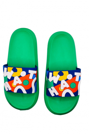 Papuci de plaja sau piscina pentru adulți, TECOS, verde cu imprimeu WHAT, mărime 35-36, 23 centimetri, talpa comoda [3]