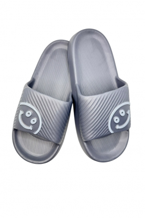 Papuci plaja barbati - Papuci de plaja sau piscina pentru barbati, Tecos®, gri, marimea 42-43, 27 centimetri, usori, confortabili, imprimeu HAPPY FACE