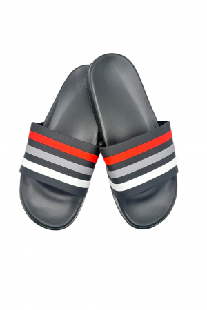 Papuci plaja barbati - Papuci de plaja sau piscina pentru barbati, Tecos®, negru cu dungi, marimea 40, 25 centimetri,usori, confortabili, cu design modern